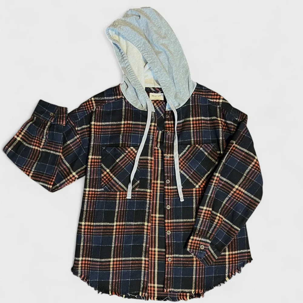 New In Hooded Plaid Button Up Shirt Jacket